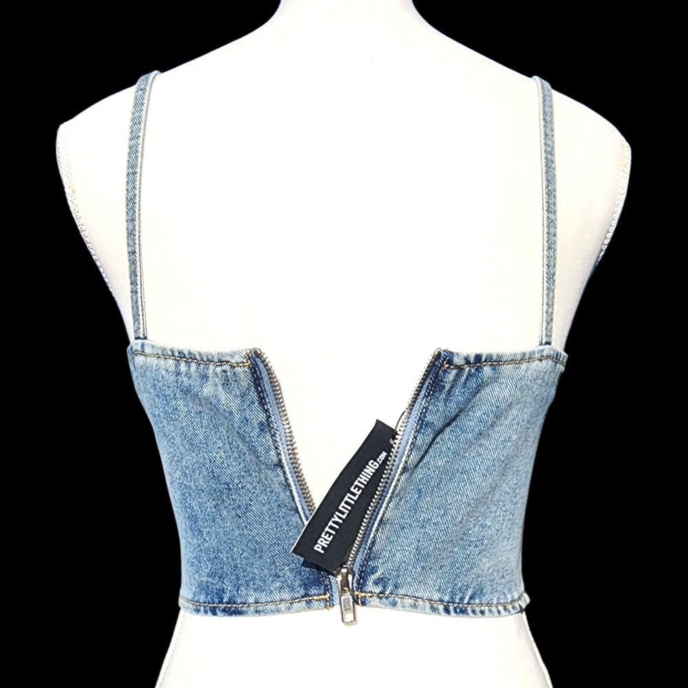PrettyLittleThing Light Blue Wash Denim Lace Up Corset Top Petite XS - Picture 4 of 8